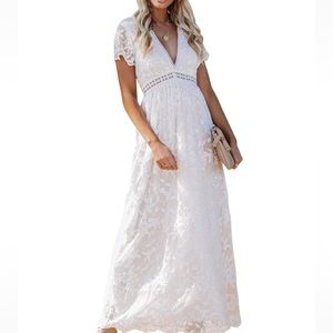 White Deep V Neck Lace Maxi Short Sleeve Wedding Bridesmaid Evening Dress